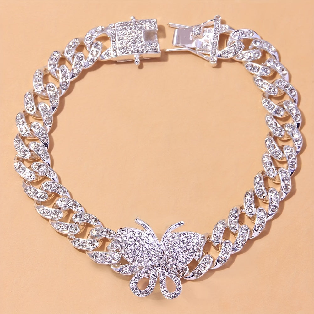 Exquisite Butterfly Claw Cuban Chain Anklet - Inlaid with Shiny Rhinestones, Hip Hop Style, Animal Theme, Adjustable Ankle Bracelet for Women, Fashion Jewelry Accessory