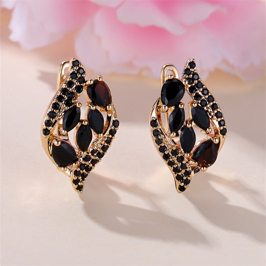 Glamorous Golden Leaf Clip Earrings - Shimmering Black Zircon Stones for Women - Fashion-Forward Wedding Jewelry