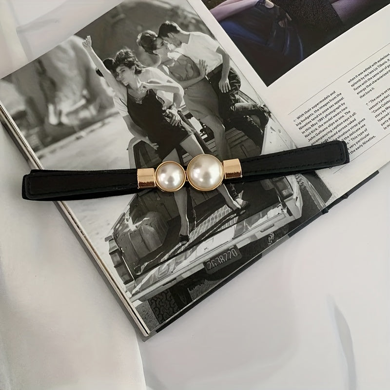 Faux Pearl Elastic Thin Belt, Women's Decoration For Dress, Fashion Simple Women's Buckle Thin Belt