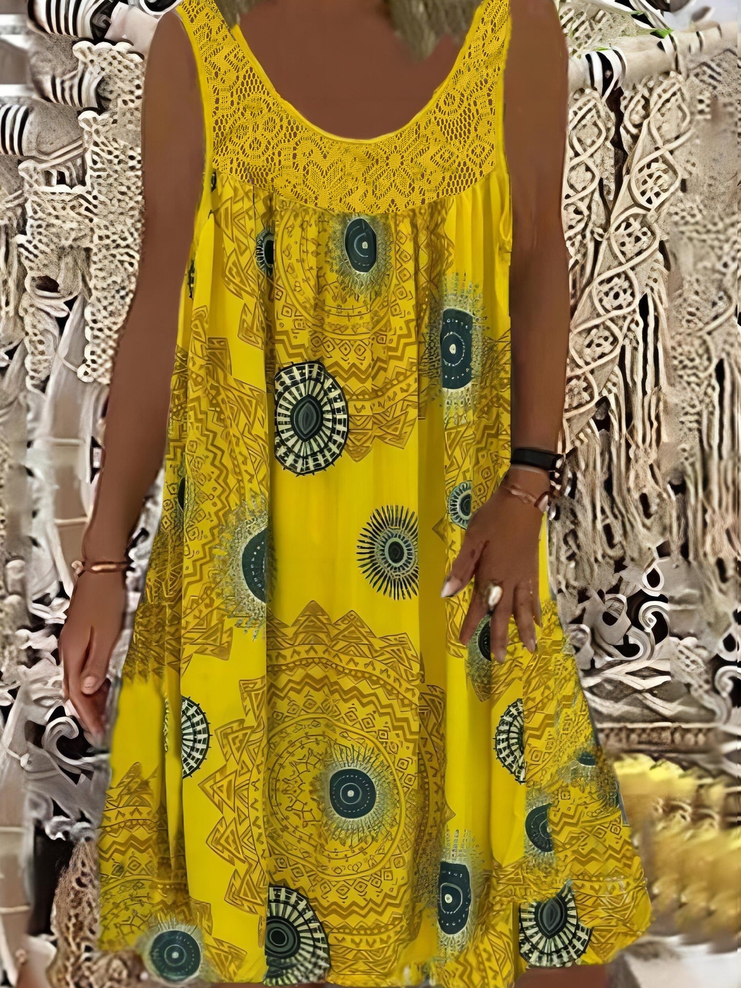 Women's Elegant Sleeveless A-Line Dress with Contrast Lace Hem & Geometric Print - Knee-Length Flared Skirt, Round Neck, Machine Washable, Plus Size Friendly for Casual & Semi-Formal Occasions, Lace Detailing, Comfortable Fit