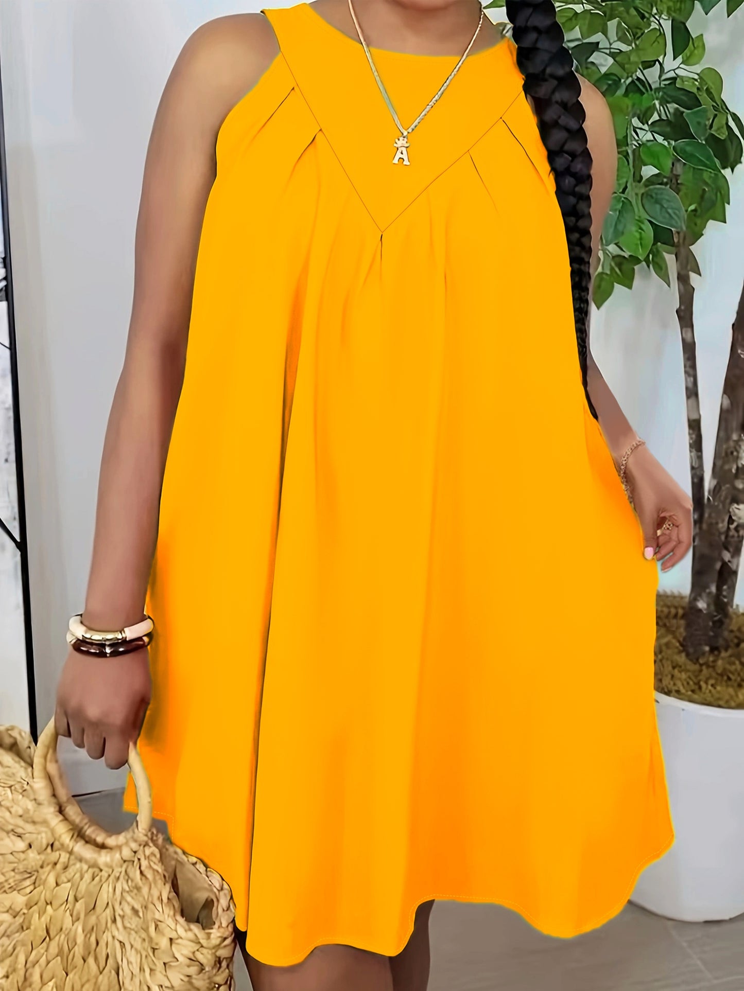 Solid Crew Neck Tank Dress, Elegant Sleeveless Loose Dress For Summer, Women's Clothing