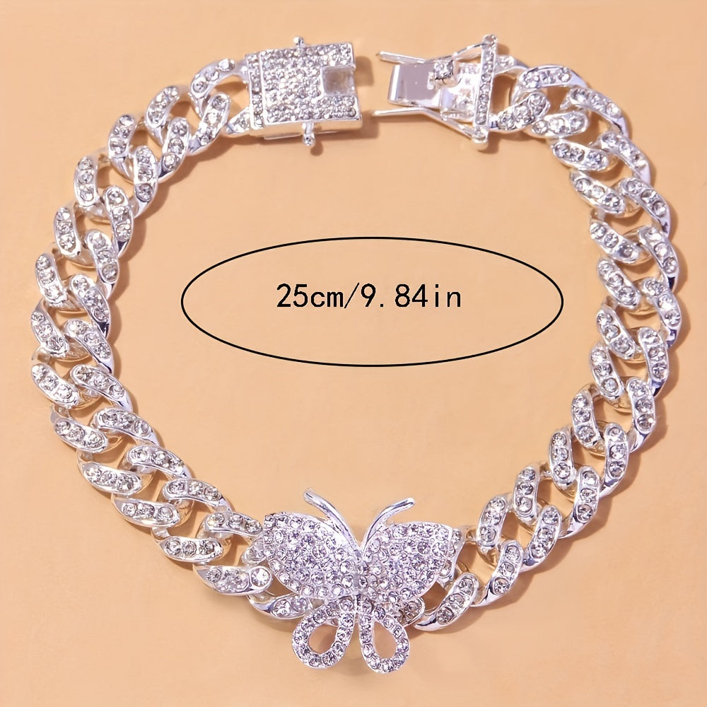 Exquisite Butterfly Claw Cuban Chain Anklet - Inlaid with Shiny Rhinestones, Hip Hop Style, Animal Theme, Adjustable Ankle Bracelet for Women, Fashion Jewelry Accessory