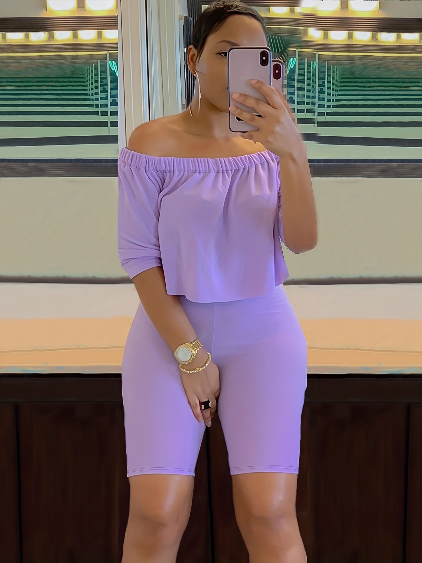 Sexy Solid Fashion Pantsuits Two-piece Set, Off Shoulder Short Sleeve Tops & Slim Shorts Set, Women's Clothing