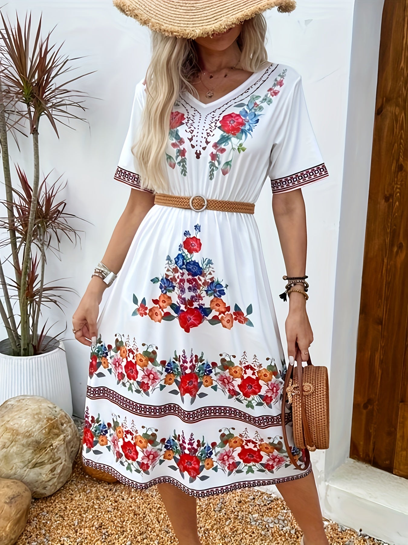 Women's Elegant Floral Print Dress, V-Neck Short Sleeve A-Line Midi Dress for Spring/Summer -  Flowy & Comfortable -  Perfect for Parties, Dates & Casual Occasions -  Gift Idea for Women