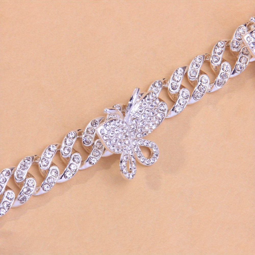 Exquisite Butterfly Claw Cuban Chain Anklet - Inlaid with Shiny Rhinestones, Hip Hop Style, Animal Theme, Adjustable Ankle Bracelet for Women, Fashion Jewelry Accessory