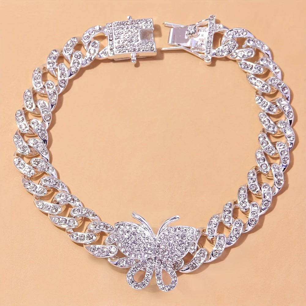 Exquisite Butterfly Claw Cuban Chain Anklet - Inlaid with Shiny Rhinestones, Hip Hop Style, Animal Theme, Adjustable Ankle Bracelet for Women, Fashion Jewelry Accessory