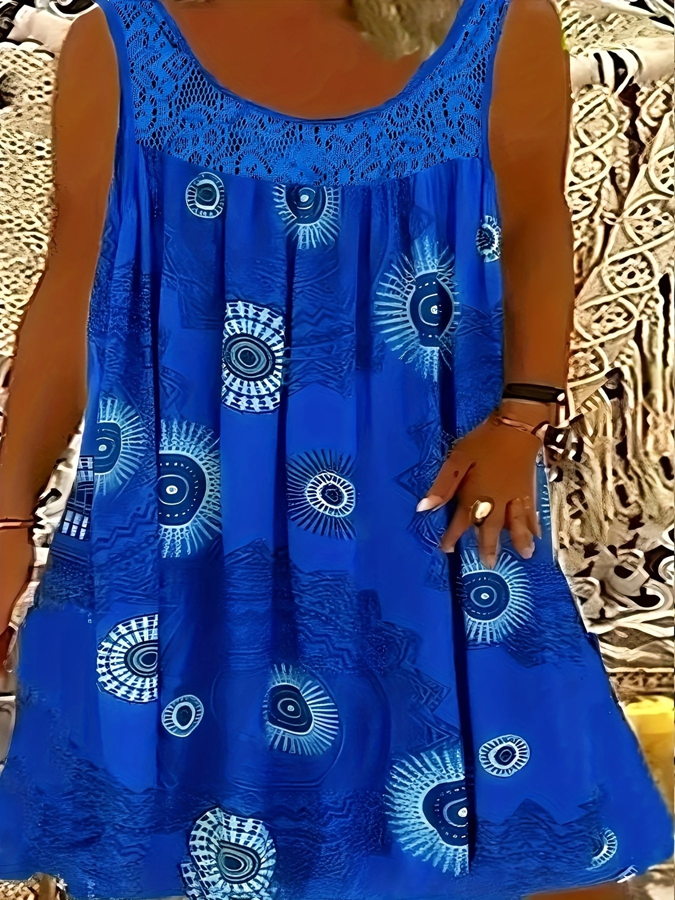 Women's Elegant Sleeveless A-Line Dress with Contrast Lace Hem & Geometric Print - Knee-Length Flared Skirt, Round Neck, Machine Washable, Plus Size Friendly for Casual & Semi-Formal Occasions, Lace Detailing, Comfortable Fit