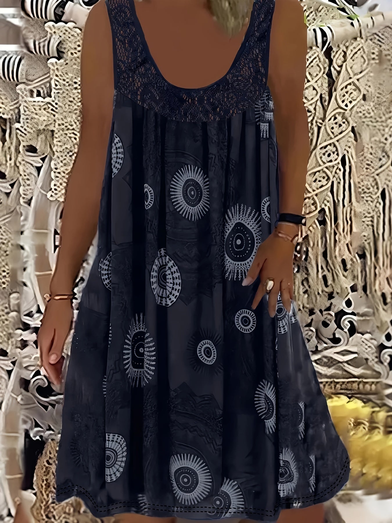 Women's Elegant Sleeveless A-Line Dress with Contrast Lace Hem & Geometric Print - Knee-Length Flared Skirt, Round Neck, Machine Washable, Plus Size Friendly for Casual & Semi-Formal Occasions, Lace Detailing, Comfortable Fit