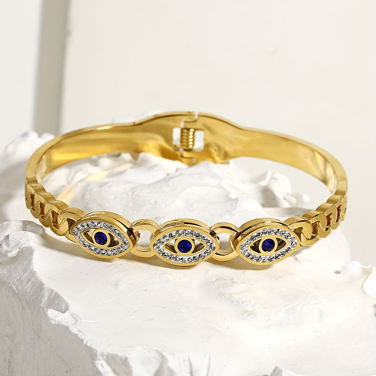 Stainless Steel Evil's Eye Pattern Bangle, Lucky Rhinestones Cuff Bracelet For Men Women, Fashion Jewelry